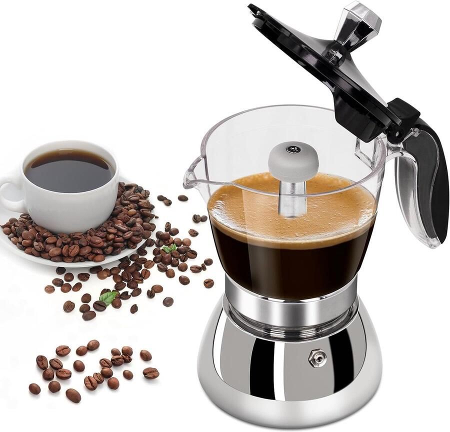 Transparent Moka Pot 430 Stainless Steel Stovetop Espresso Maker Espresso Machine Percolator Coffee Maker Capable Mocha Coffee Machine Cafe Classic Maker for Home & Camping 6 Cup 300ml