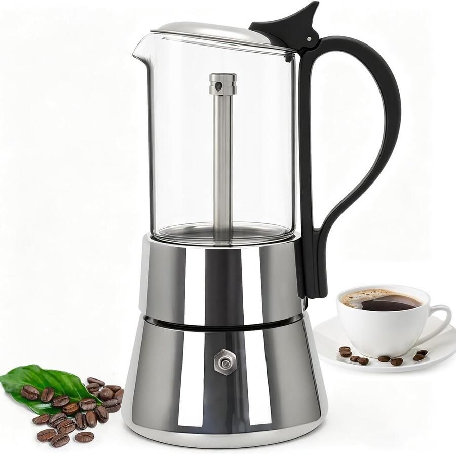 Transparent Stovetop Espresso Maker 304 Stainless Steel Moka Pot Espresso Machine Percolator Coffee Maker Capable Mocha Coffee Machine Cafe Percolator Maker for Home & Camping 6 Cup 330ml