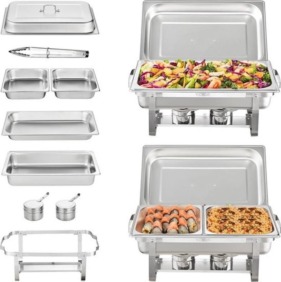 Trendique Warmhoudbakken Set van 2 Food warmer Buffetschalen Voedsel warm houden 2 grote bakken en 4 kleine bakken 60x35x32 cm Capaciteit elk 7 5 L Roestvrij staal