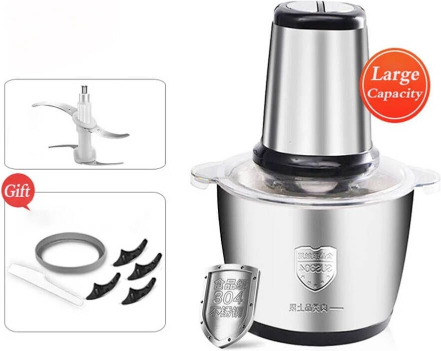 TrendWave Vleesmolen 2L Roestvrijstalen Elektrische Hakselvleesmolen – Multifunctionele Vlees- & Groentechopper – Stil & Krachtig