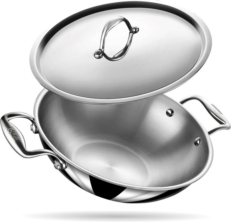 Triply Kadhai van roestvrij staal met deksel 4 l 28 cm geschikt voor koken op inductie en gas