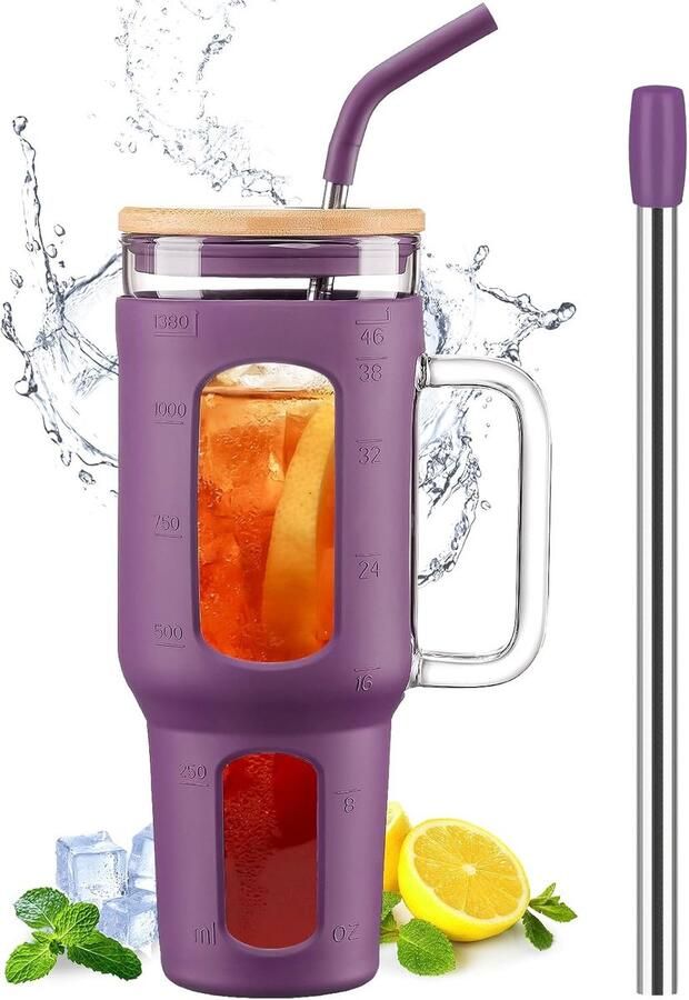 Tumbler Beker met deksel en rietjes 1400 ml koffiebeker voor onderweg met handvat drinkbeker met siliconen hoes 1 4 l drinkbeker met 2 rietjes BPA-vrij paars
