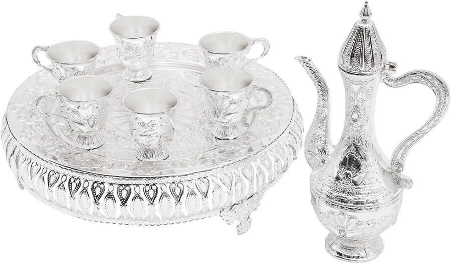 Turkse koffiepotset Turkse vintage koffiepotset met 6 kopjes en theedienblad theeserviesset voor feesten en bijeenkomsten zilver