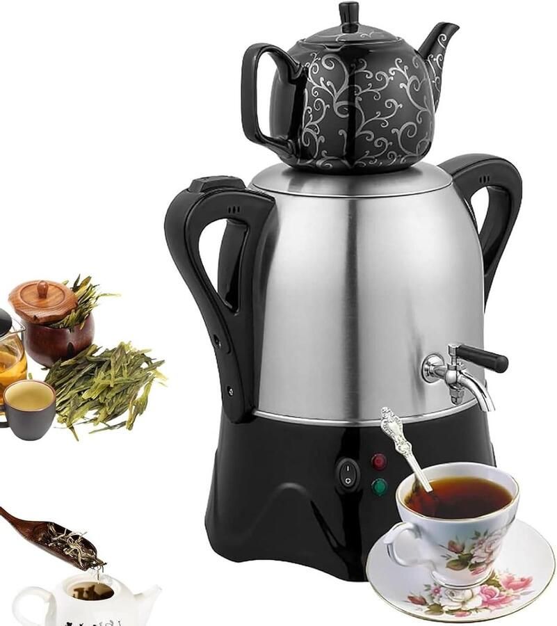 Turkse Samovar Theemaker Waterkoker Thee Zetten Dubbele Pot 3 Liter Zilver