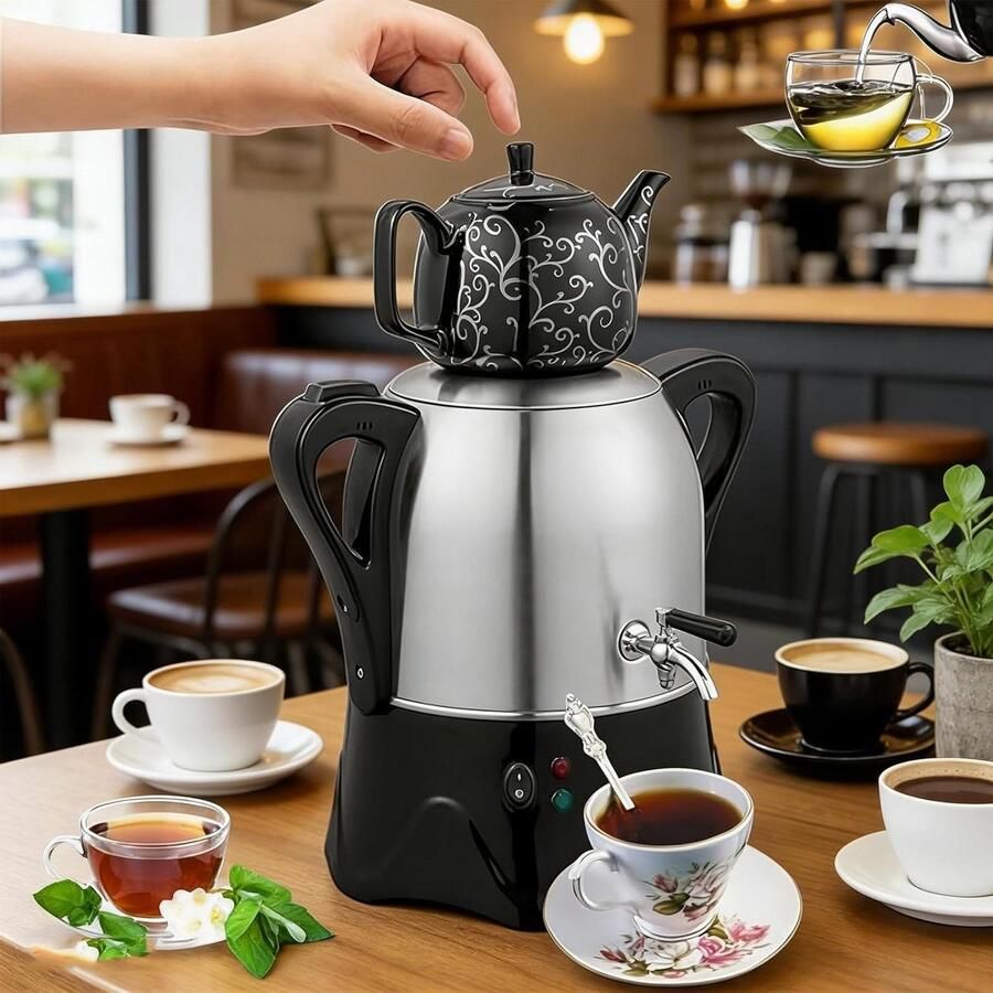 Turkse theekoker Theepot warmhoudfunctie Thee Zetten Dubbele Ketel 3 Liter Zilver