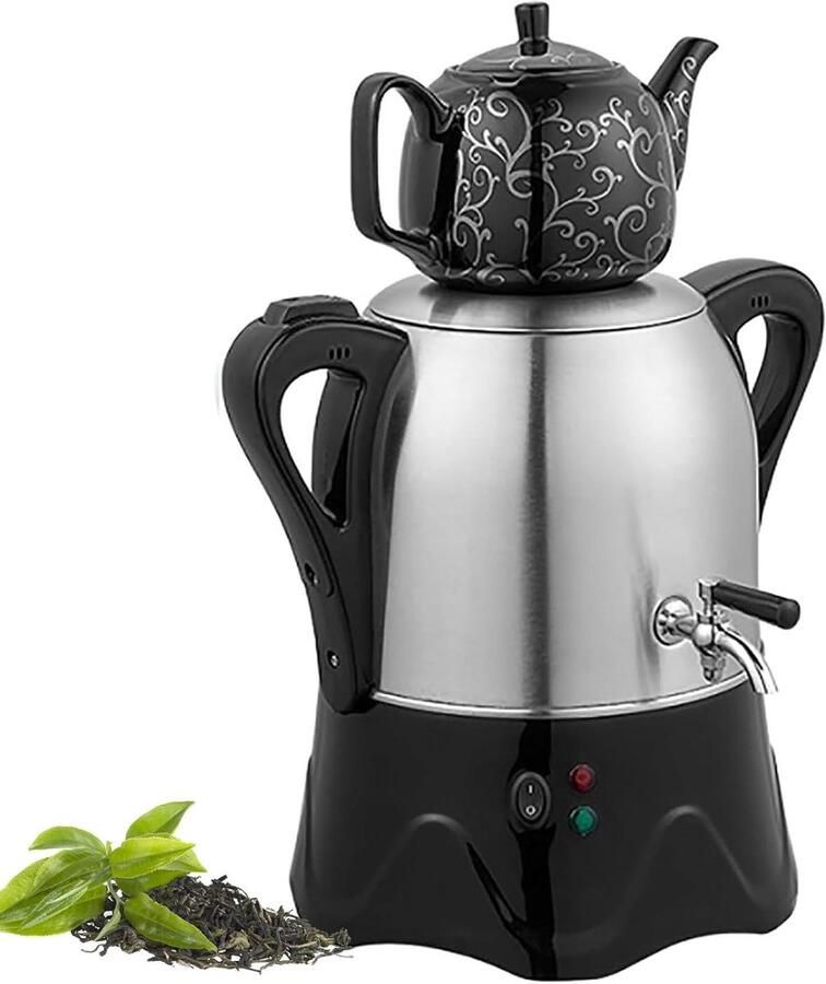 Turkse Theemaker Samovar Waterkoker Thee Zetten Dubbele Ketel 3L + 1L Zwart
