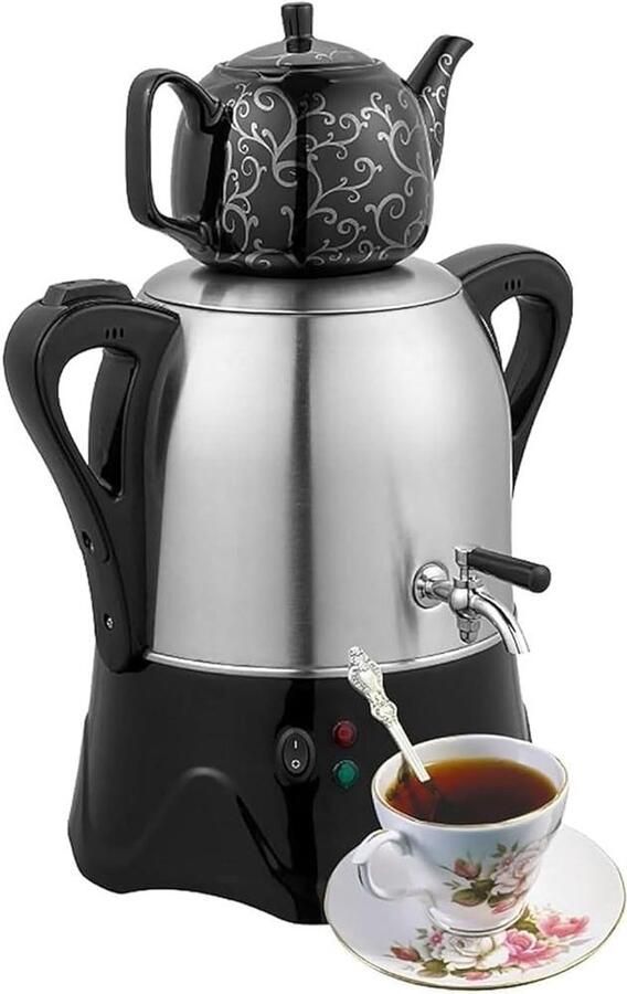 Turkse Theemaker Samovar Waterkoker Thee Zetten Warm Houdfunctie 3L + 1L Roestvrij Staal