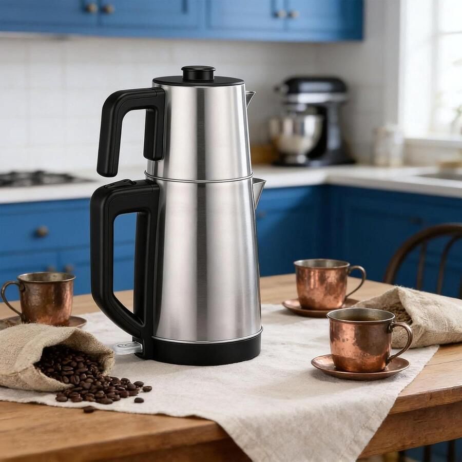 Turkse Waterkoker Thee Apparaat Thee Zetten Dubbele Pot 36x20x18 cm Zilver