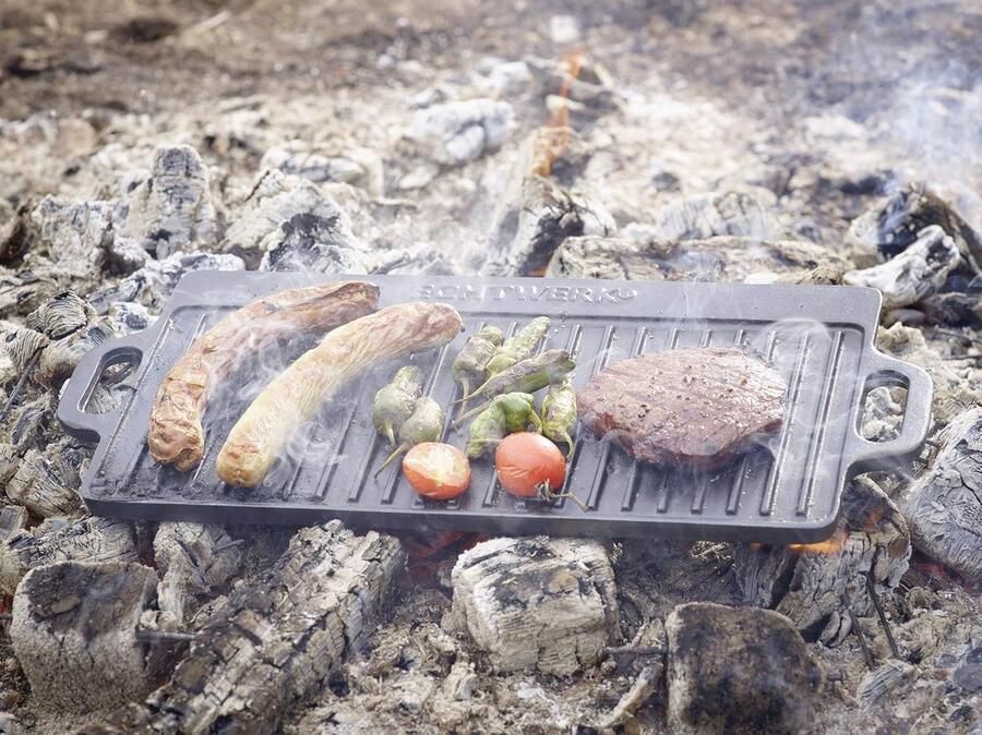 Twee-in-één Gietijzeren Grillplaat 50.5 cm Voor Barbecue Haard en Oven