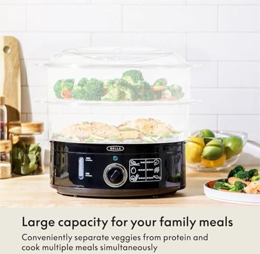 Two-tier stoompan met stapelbare manden en verwijderbare basis voor snel en gelijktijdig koken 7 l zwart