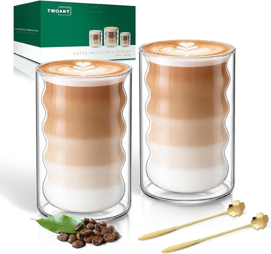 Twoant Latte Macchiato glazenset (2 x 400 ml) dubbelwandige glazen dubbelwandige koffieglazen theeglazen cappuccinoglazen ijskoffie glazen thermoglazen dubbelwandige espressokopjes glas met 2