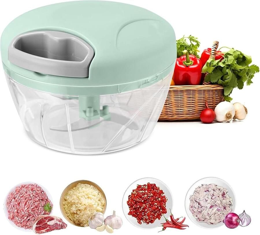 Uienhakker groentehakker keukenmachine groentehakker met deksel (500 ml) BPA-vrij gemakkelijk schoon te maken inclusief 3 roestvrijstalen messen