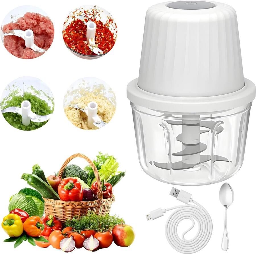 Uiensnijder uienhakmolen groentehakmolen mixer multifunctionele hakmolen 400 ml werkcontainer met type C-oplaadkabel voor vlees uien knoflook noten (wit)