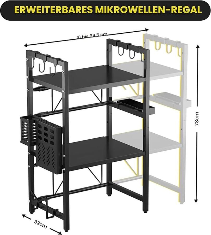 Uitschuifbaar magnetronrek met 3 verdiepingen 2 planken magnetronstandaard voor aanrecht frame voor heteluchtfriteuse broodrooster en koffiezetapparaat