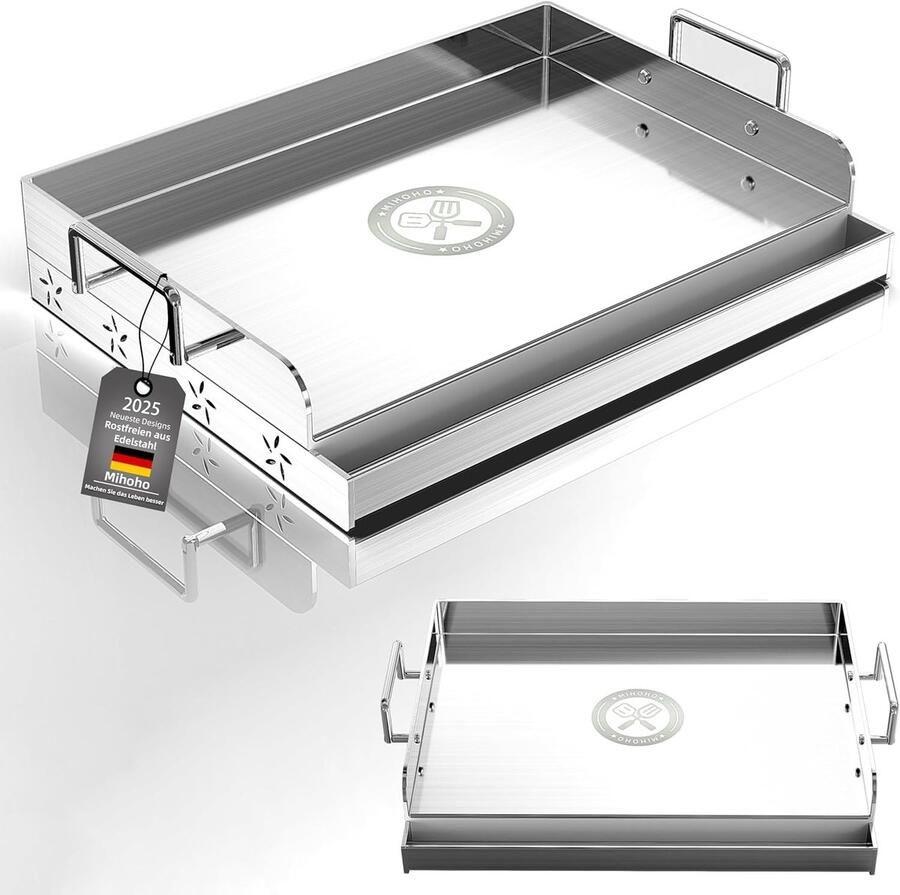 Universele BBQ Grillplaat Zilver 44 x 32 5 x 5 6 cm RVS Plancha met Gelijkmatige Warmteverdeling Voor Gas- en Houtskoolbarbecues