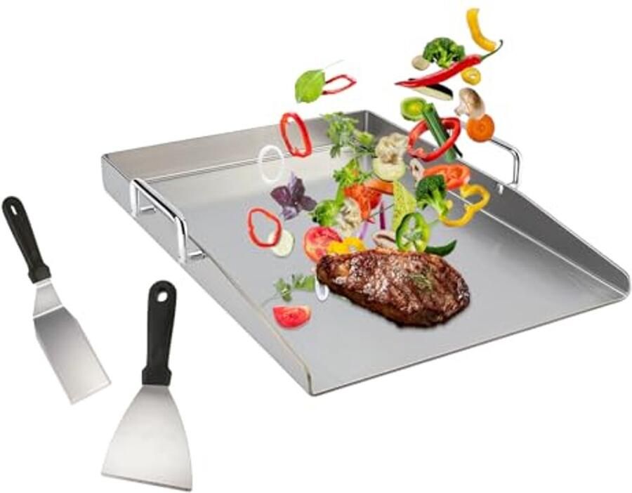 Universele Grillplaat 40 x 30 cm van Roestvrij Staal voor Gasbarbecue en Houtskoolgrill met Grillspatels en Handgreep