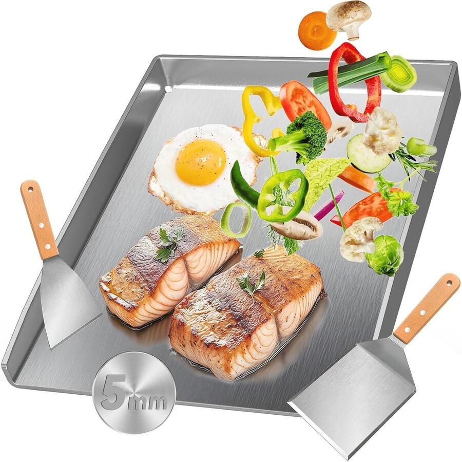 Universele Roestvrijstalen Plancha Grillplaat 40.5x31CM voor BBQ & Koolgrill Vaatwasserbestendig en met Vetafvoer