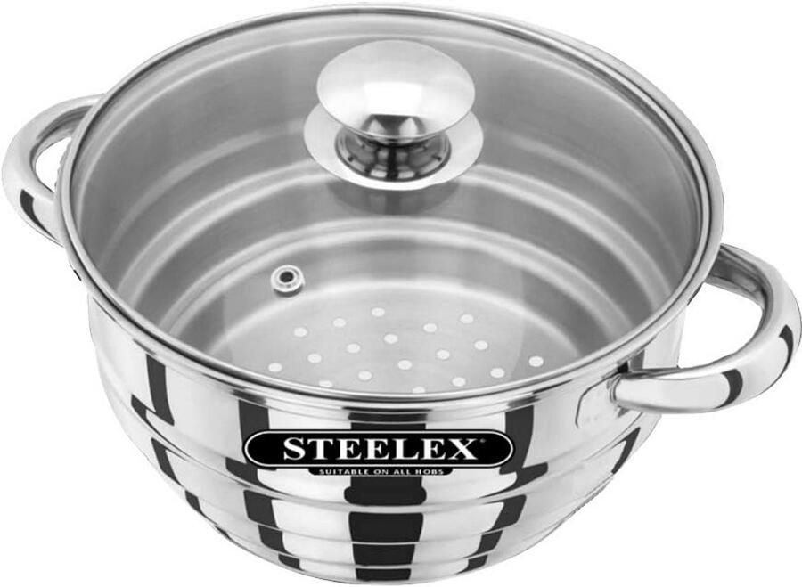 Universele Stoominzet RVS voor Pannensets 16 18 en 20 cm met Glazen Deksel