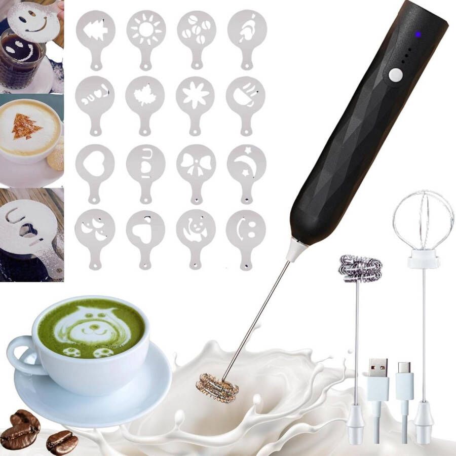 USB-melkopschuimer-garde 2-in-1 met decoratieve sjablonen kit 3 snelheden roestvrijstalen staven voor koffie matcha chocolade