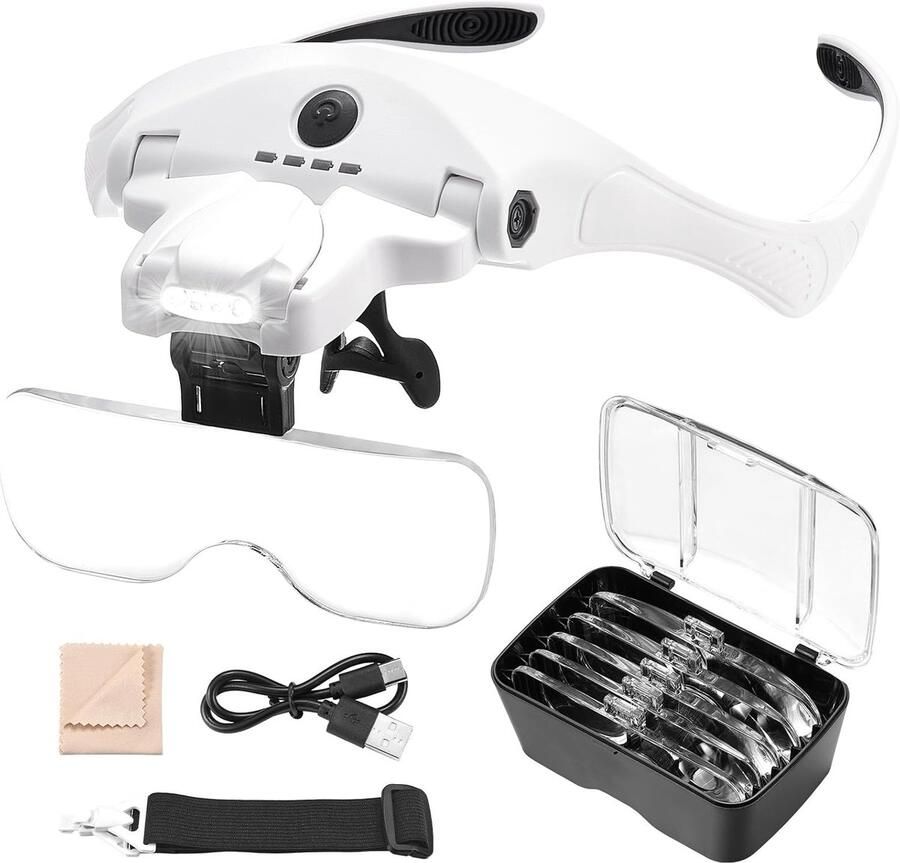 USB Oplaadbaar Vergrootglas met 4 Instelbare Helderheid LED Lampjes Vergrootglas met 5 Afneembare Lenzen (1X-3.5X) Perfect voor Alle Precisiewerkzaamheden Navulbare LOUPE lunette