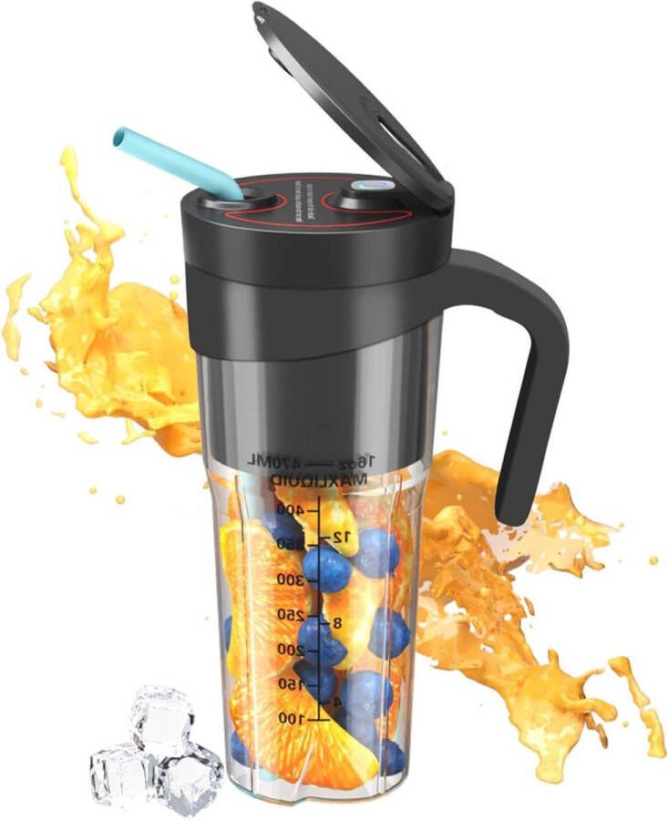 Allecto Plus Draagbare USB Oplaadbare Blender met Stro en Schaal 470ml 16oz Draadloze Juicer voor Fruit Groentesap Waterbestendig Zwart