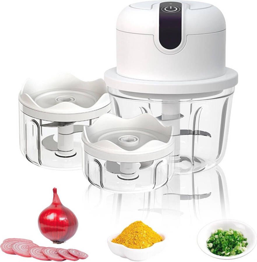 USB-oplaadbare Elektrische Uiensnijder met 3 Mengbekers Knoflookhakmolen en Voedselsnijder voor Groenten en Fruit
