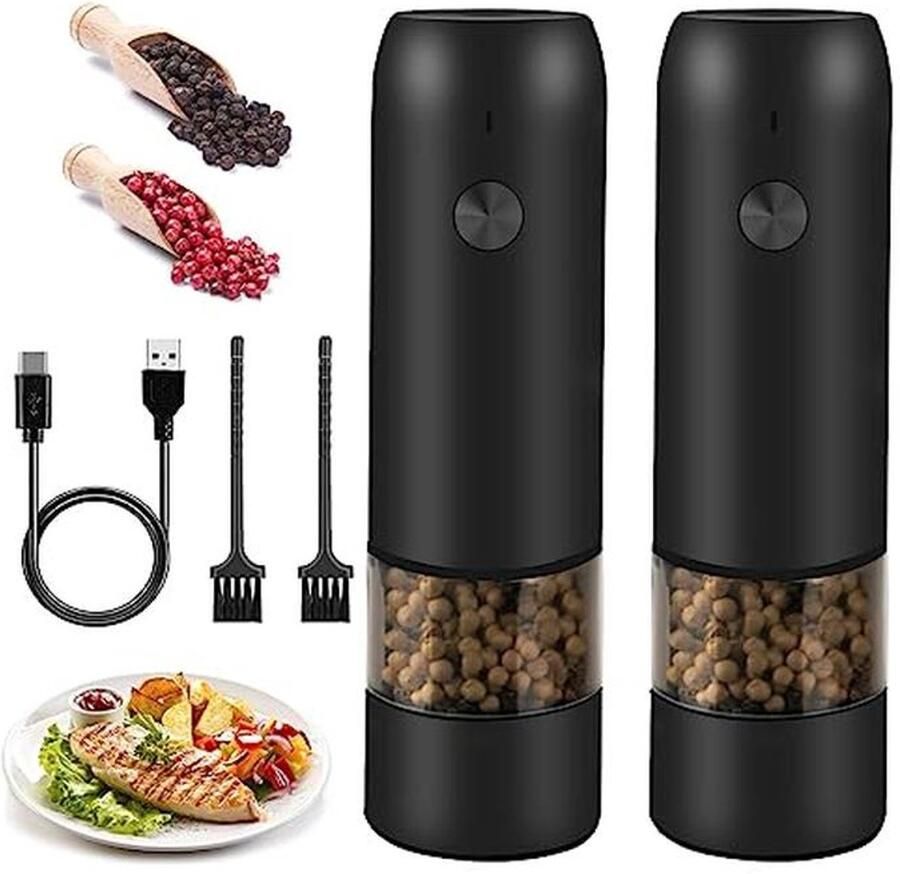 USB oplaadbare elektrische zout- en pepermolen Automatische werking Set van 2 zoutmolens met ledlicht Bediening met één hand Instelbare grove korrel