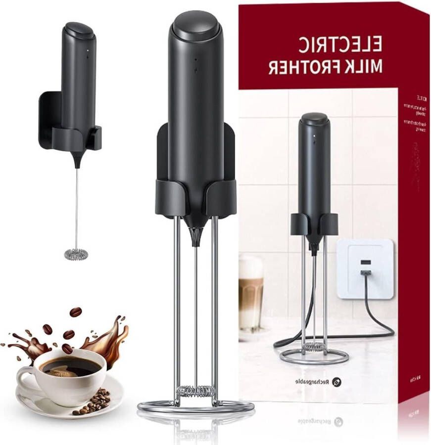 USB Rechargeable Electric Milk Frother Stainless Steel Frother with Holder for Milk Tea Coffee Matcha Latte