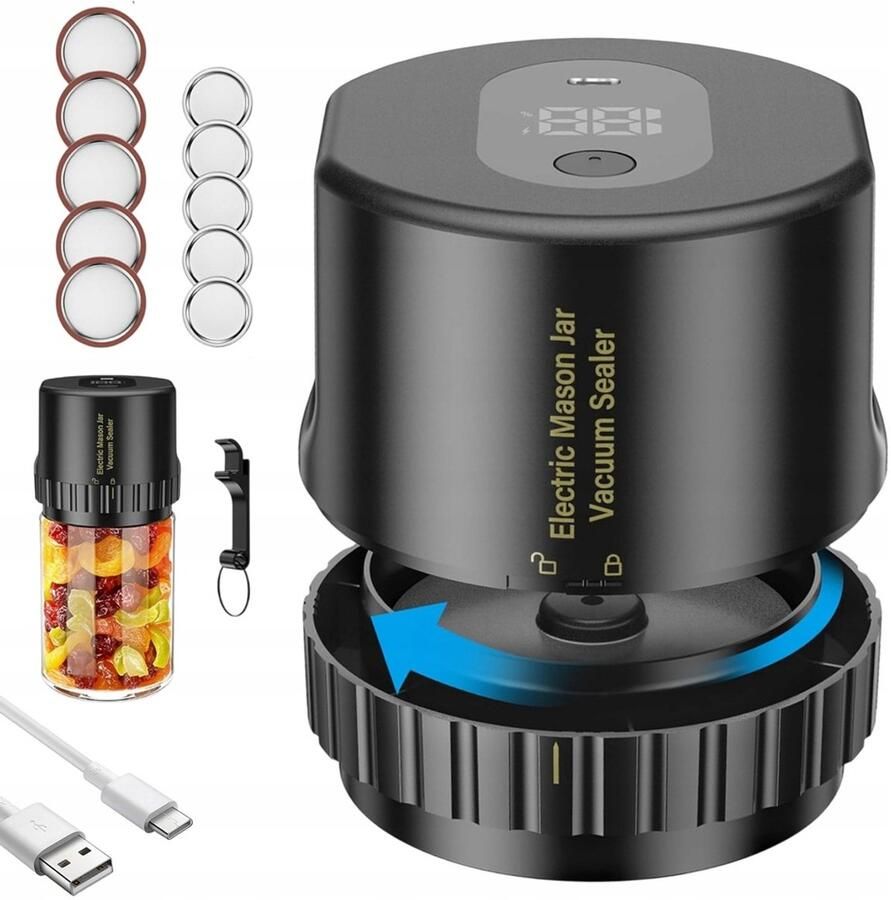 Vacuem Sealer Set Volautomatisch Vacuümsealer Voor Mason Jars Vacumeermachine Compatibel met 6 8 cm & 8 3 cm 60 kPa Zuigkracht 20 Sec Sealen Draadloos Oplaadbaar Voor Thuis & Camping & Onderweg