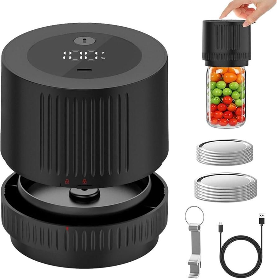 Vacumeermachine Elektrische Vacuum sealer Voedselconservering Automatische sealmachine Voor brede en normale opening Compacte Voor keuken meal prep en dagelijks gebruik Met blikopener Inclusief 5 + 5 deksels