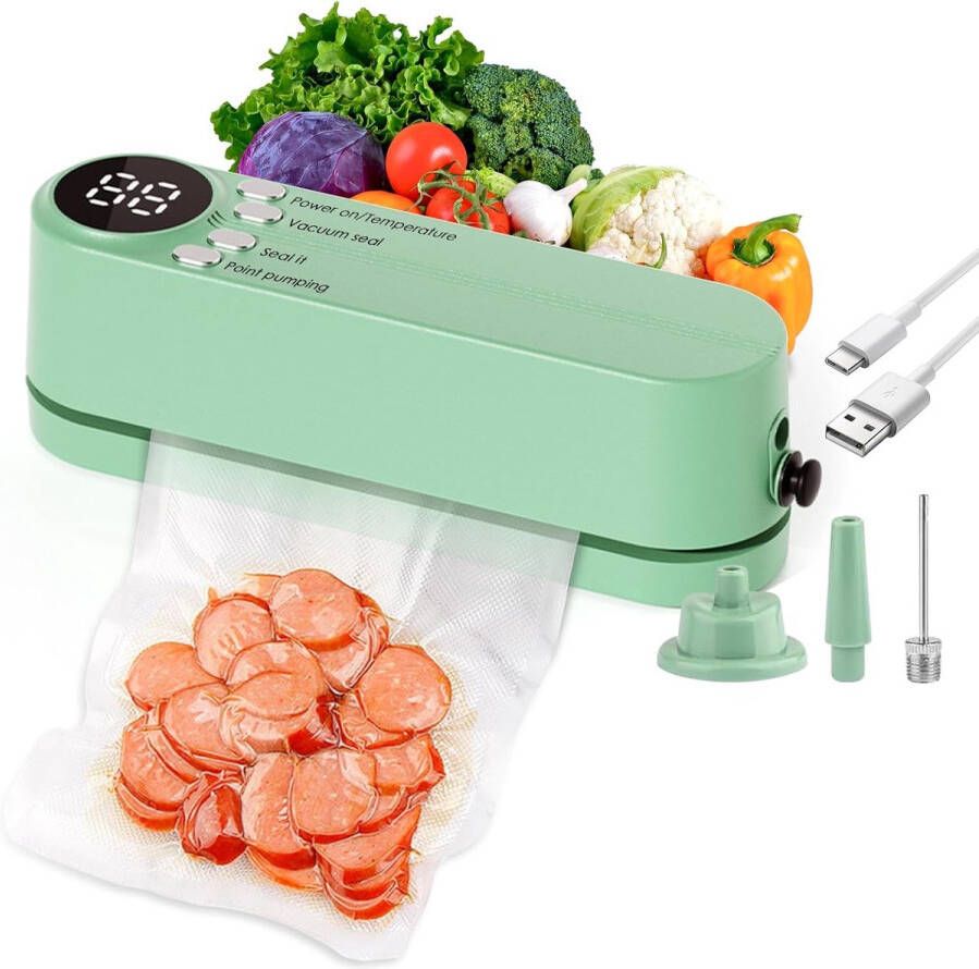 Vacumeermachine kleine Vacumeermachine Verzegelapparaat temperatuurregeling met drie snelheden met 5 zakken vacuümsealer geschikt voor het vacuümconserveren van vis vlees en andere voedingsmiddelen groen