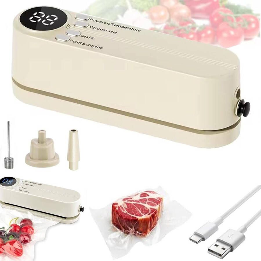 Vacumeermachine kleine Vacumeermachine Verzegelapparaat temperatuurregeling met drie snelheden met 5 zakken vacuümsealer geschikt voor het vacuümconserveren van vis vlees en andere voedingsmiddelen Beige