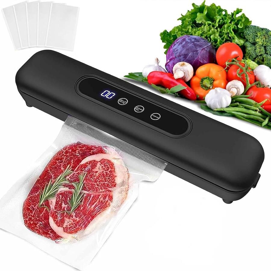 Vacumeermachine Vacuum sealer Kleine huishoudelijke vacuümmachine Met 10 vacuümzakken (Afmetingen tas (17x25) Seal Apparaat Met digitaal display 33 x 7.5 x 6cm Zwart