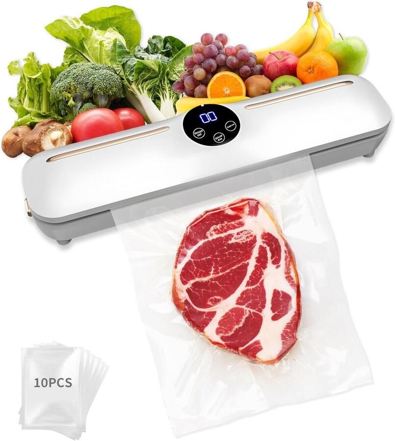 Vacumeermachine Vacuum sealer Multifunctionele vacuümsealer Met 10 vacuümzakken (Afmetingen tas (17x25) Automatische vacuümsealer Seal Apparaat Met digitaal display 33 x 7.5 x 6cm Wit