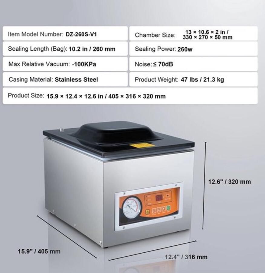 Vacumeermachine Vacuümverpakkingsmachine Vacuümmachines Kamermodel Vacuümsealer met 260W Vermogen en 26 cm Seallengte Commerciële Foodsaver Seal Apparaat voor Nat Voedsel en Vlees