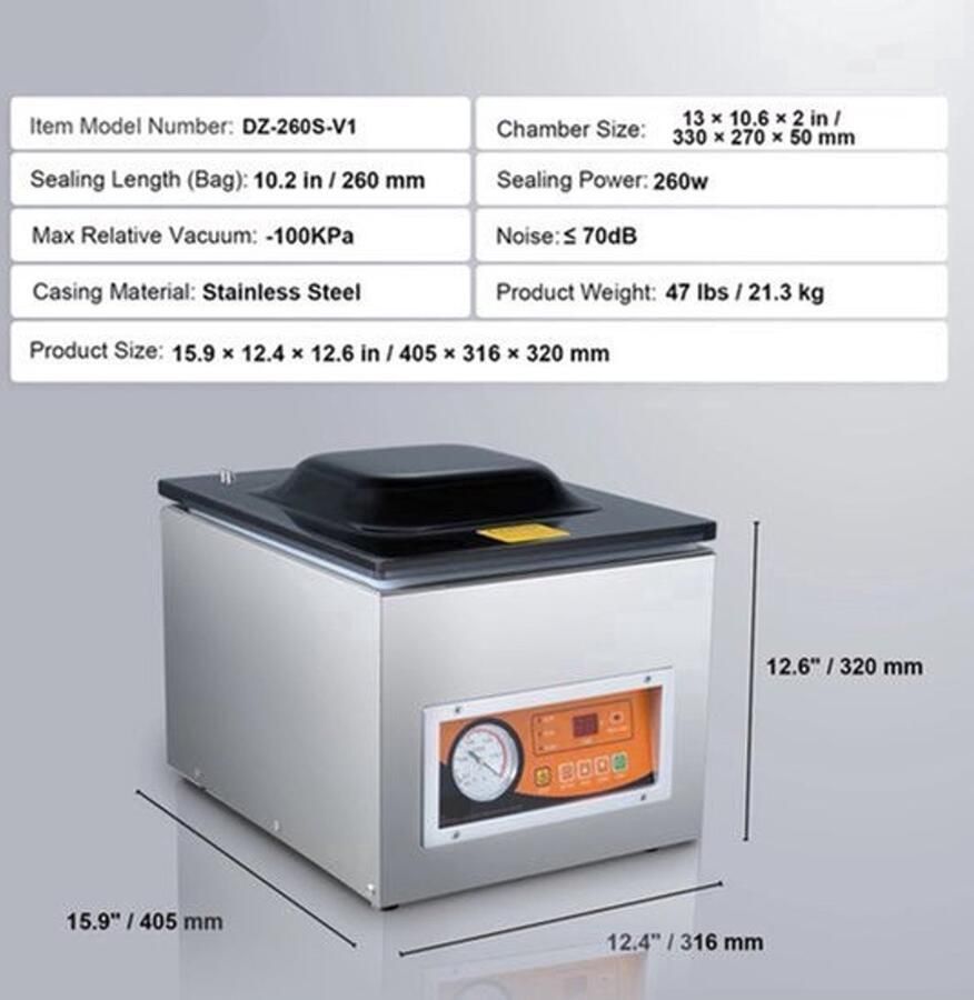 Vacumeermachine Vacuümverpakkingsmachine Vacuümmachines Kamermodel Vacuümsealer met 260W Vermogen en 26 cm Seallengte Commerciële Foodsaver Seal Apparaat voor Nat Voedsel en Vlees - Foto 2
