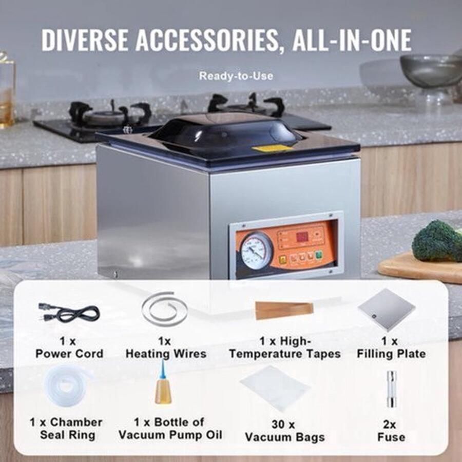 Vacumeermachine Vacuümverpakkingsmachine Vacuümmachines Kamermodel Vacuümsealer met 260W Vermogen en 26 cm Seallengte Commerciële Foodsaver Seal Apparaat voor Nat Voedsel en Vlees