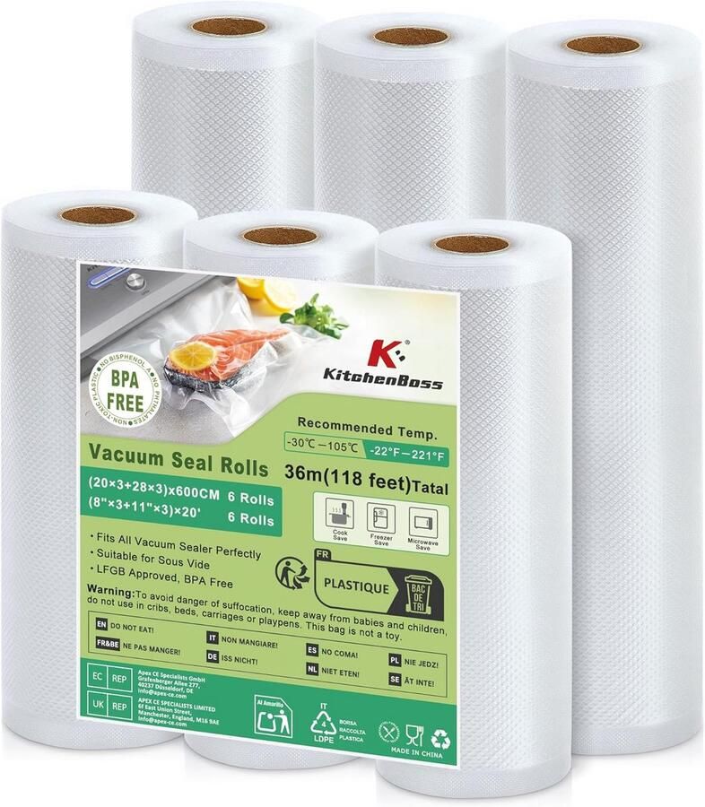 Vacumeerrollen Set voor Voedsel bewaren & Sous Vide 6 Rollen (28cm & 20cm breed)