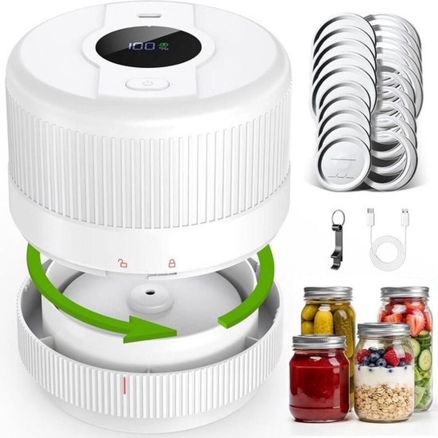 Vacumeerset voor Potten Vacumeerder Glazen Voedsel Bewaren Verbeterde Batterijduur 22 x 19 cm Wit