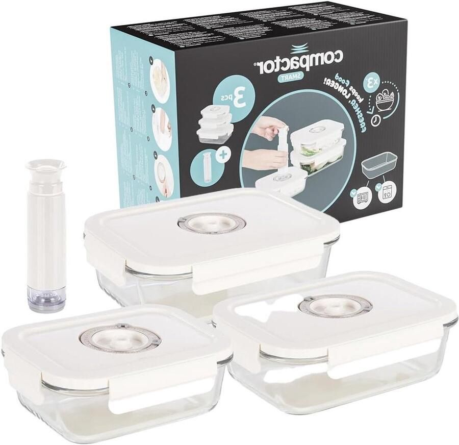 Vacuüm Bewaarset Glazen Containers Voedsel Langer Vers Met Datumindicator Set van 3 Transparant