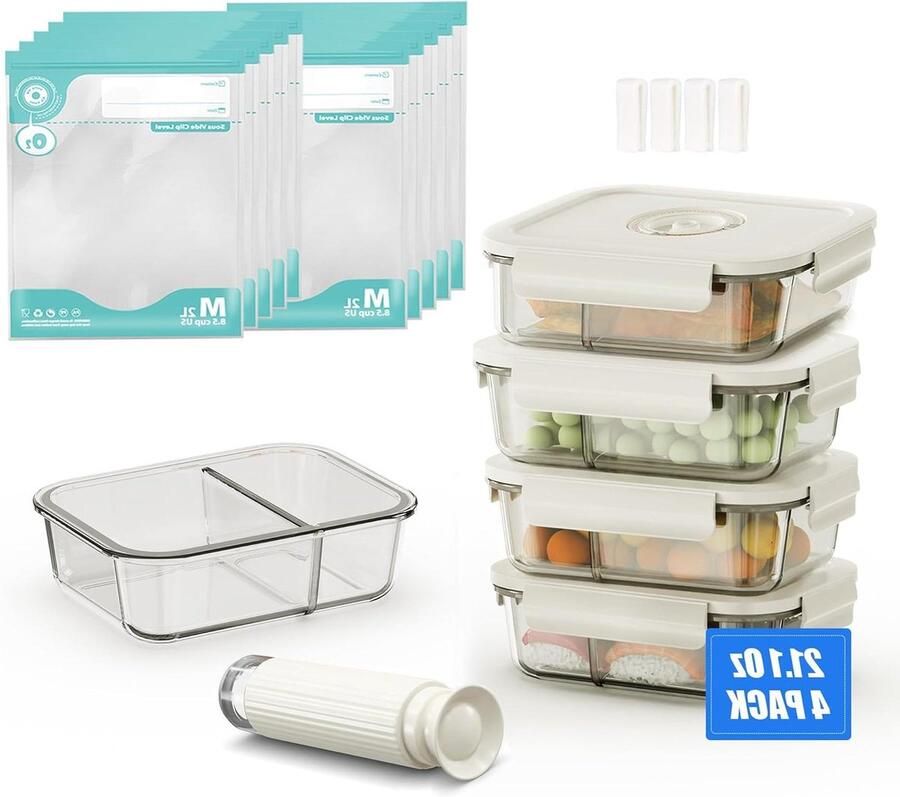 Vacuüm Conserveringsset Voedsel Opslag Maaltijden Voorbereiden Luchtledig Houden 4x 600ml Containers Wit