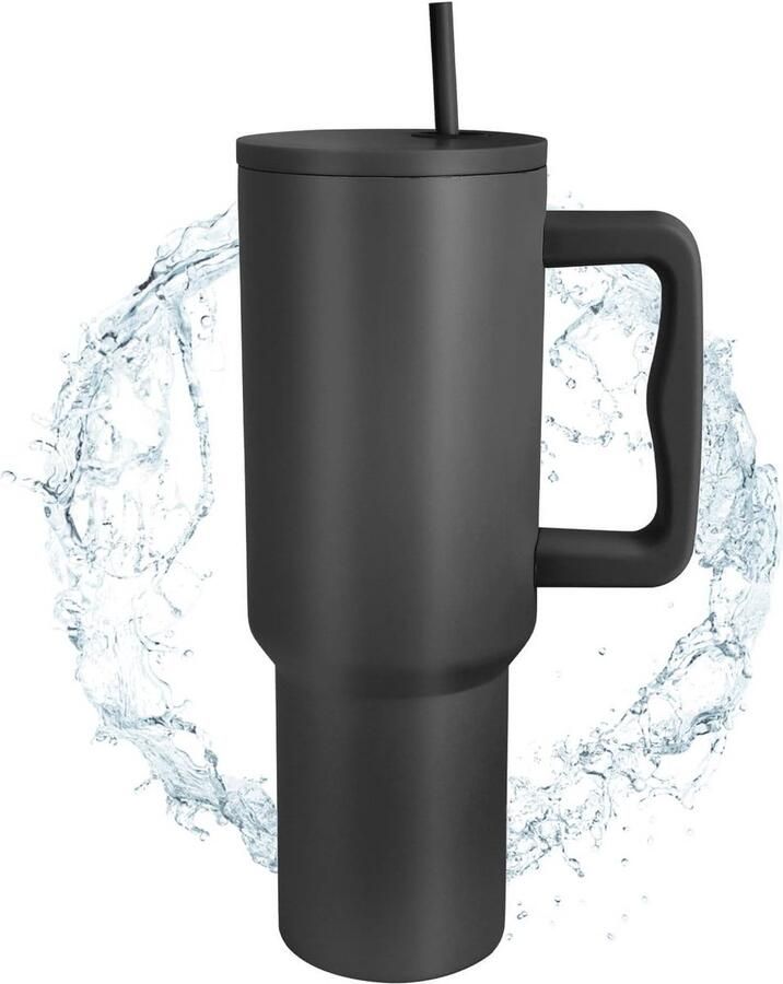 Vacuüm Geïsoleerde Reismok 40 oz met Handvat en Rietje Lekvrije Thermosbeker voor Water Ijsthee of Koffie Zwart