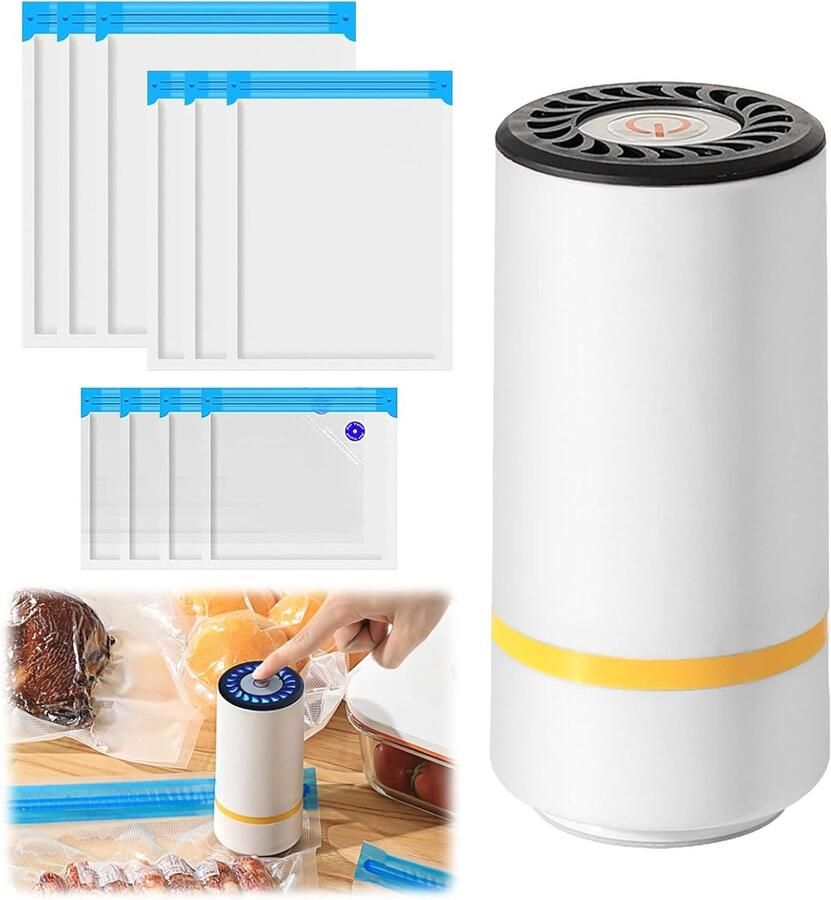 Draagbare vacuümmachine voor levensmiddelen met USB-oplaadfunctie en 10 herbruikbare zakken