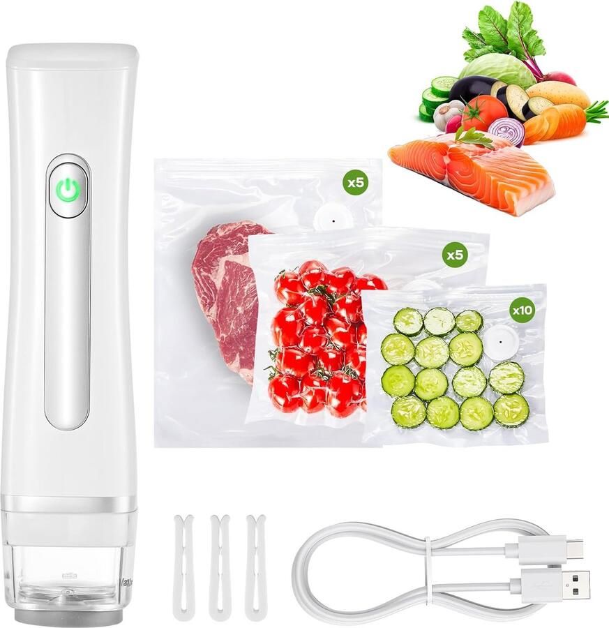Vacuüm Sealer Machine Vacuümmachine voor Levensmiddelen met 20 Herbruikbare Vacuümzakken Handheld Vacuüm Verpakkingsmachine voor Vacuümkoken en Voedselbehoud