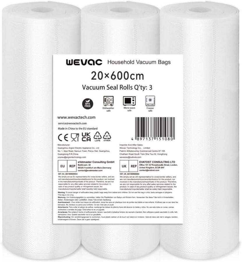 Vacuüm Sealer Rollen 20cmx600cm 3 Pack