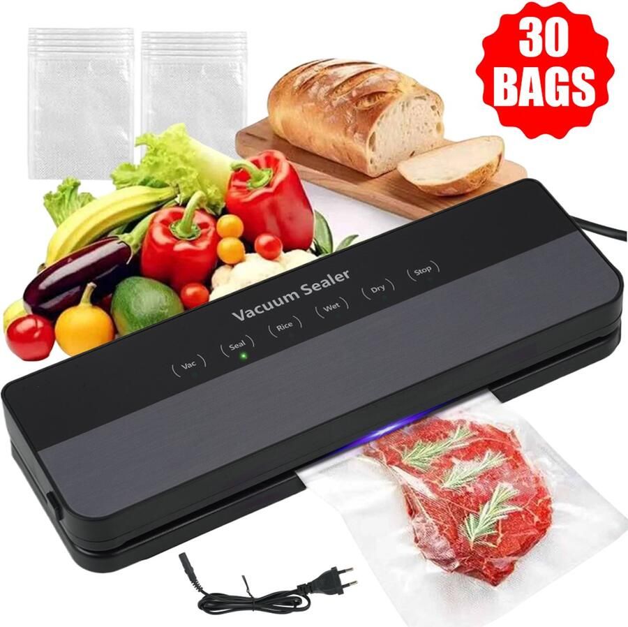 Vacuum Sealer Voedsel Vershoudmachine Droog & Nat 2-in-1 Modus Incl. 30 Vacuum Zakjes Professionele Luchtdichte Afdichting Tegen Verspilling voor Keuken
