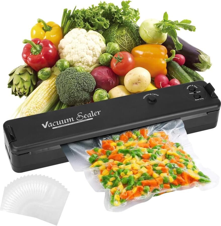 Vacuum Sealer Voedselversiegelingsmachine met 20 Vacuümzakken Automatische Vacuümafzuiging 2 Werkmodes (Droog Nat) Voor Vlees Vis Groenten Zwart