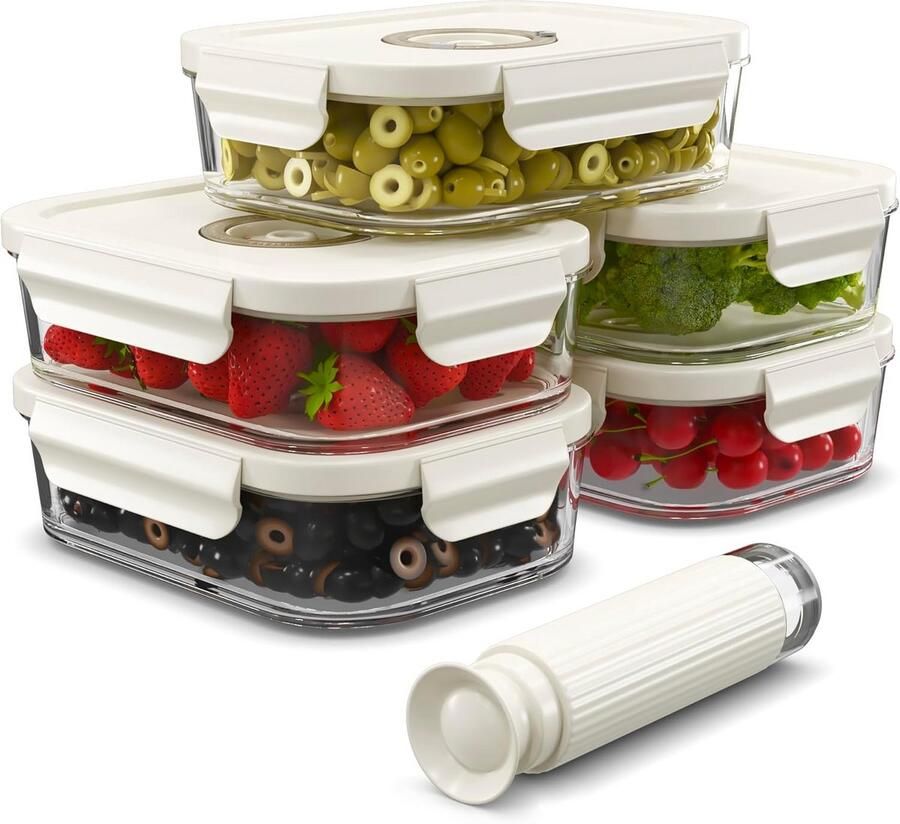 Vacuüm Voedselopslagcontainers met Datumtracker 5 stuks 1040 ml Glazen Luchtdichte Containers