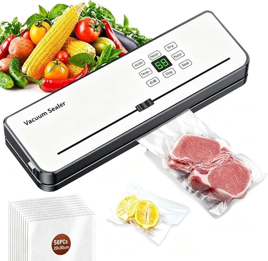 Vacuümapparaat 5-in-1 vacuümapparaat voor levensmiddelen vacuüm- en folielasapparaat voor sous-vide koken en het bewaren van levensmiddelen inclusief 50 vacuümzakken (wit)