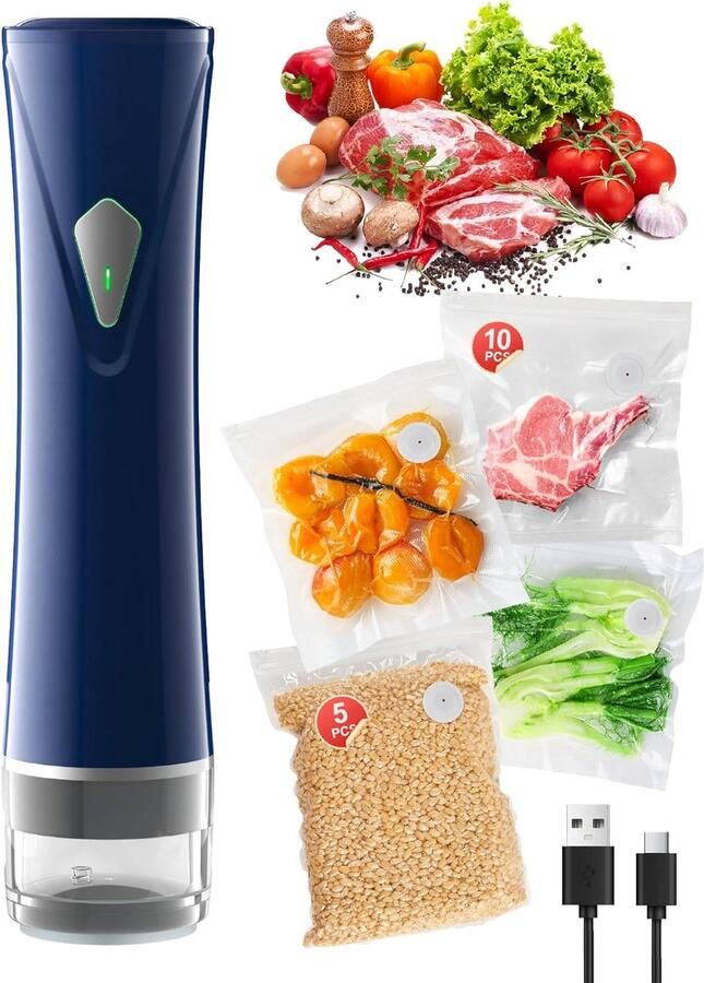 Vacuümapparaat klein handvacuümsealer met 60 kPa zuigkracht vacuümsealer met 15 vacuümzakken herbruikbaar USB-oplading compact folielasapparaat voor thuis reizen camping blauw
